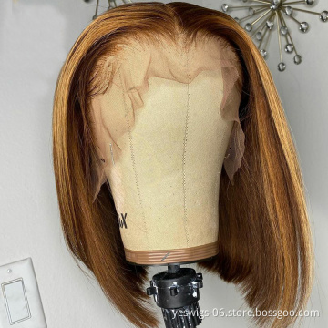 Wholesale Highlight Short Bob Wigs 13X4 HD Lace Front Wigs 100% Human Hair  For Black Women Cheap human hair toupee Baby Hair
